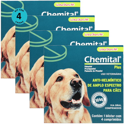 Chemital Plus Com 4 Comprimidos Chemitec Vermífugo Para Cães Kit Com 4 Cx